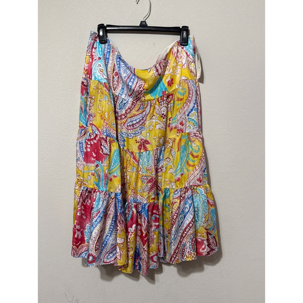NWT Lauren Ralph Lauren 100% Silk Yellow Paisley Tiered Skirt Women's XL Boho